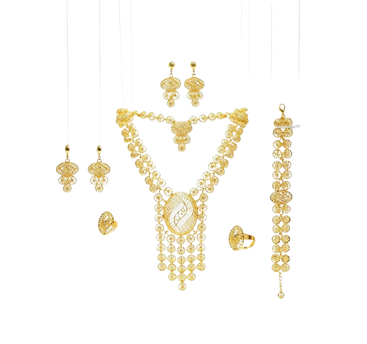 Gold filigree bridal jewelry set featuring a golden necklace with intricate circular and floral patterns and central oval pendant