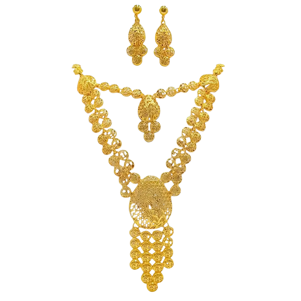 Gold filigree bridal jewelry set featuring a gold necklace with intricate lace-like patterns and layered design