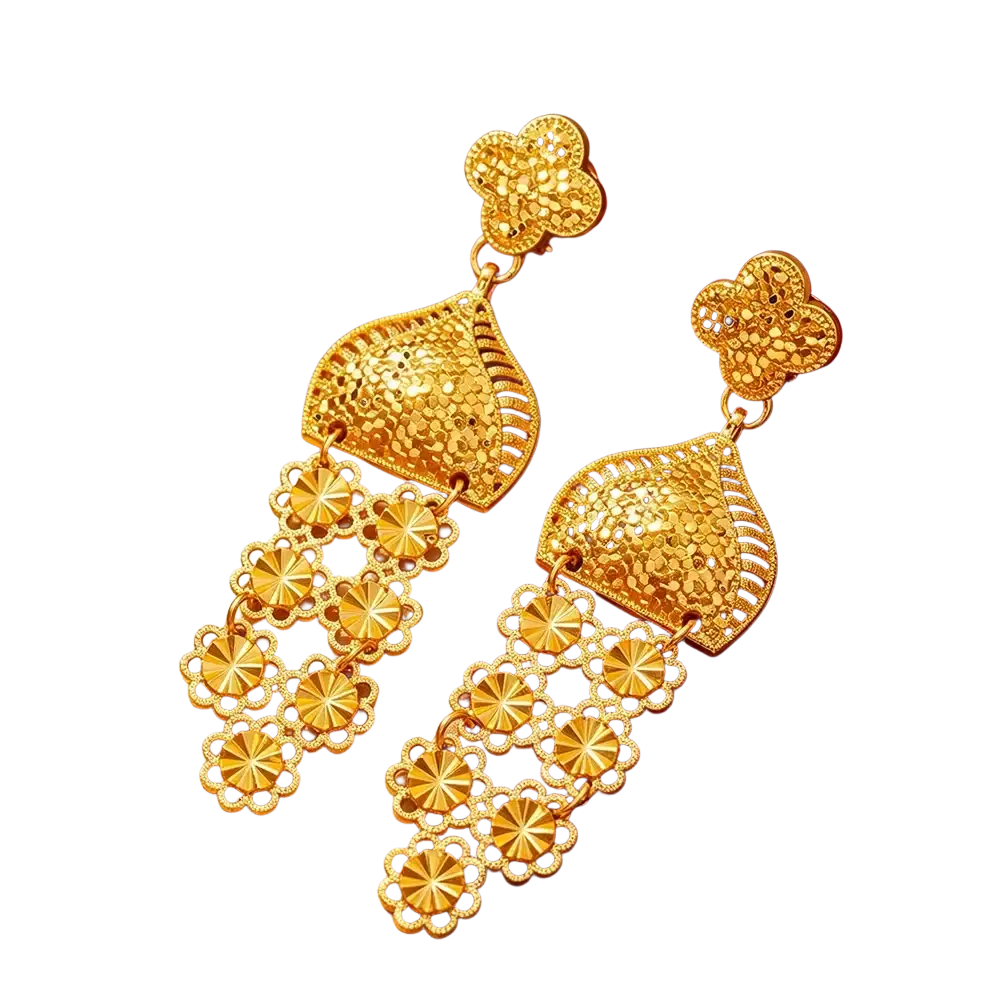 Gold floral chandelier earrings with intricate filigree detailing and cascading petal-shaped charms for dubai wedding bridal use