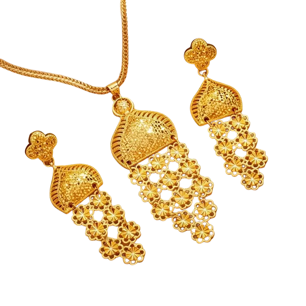 Gold filigree tassel jewelry set with golden floral pendant necklace and matching earrings for dubai wedding bridal wear