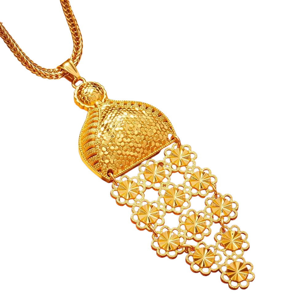 Gold filigree tassel gold pendant necklace with intricate floral charms and textured half-moon top for dubai bridal weddings