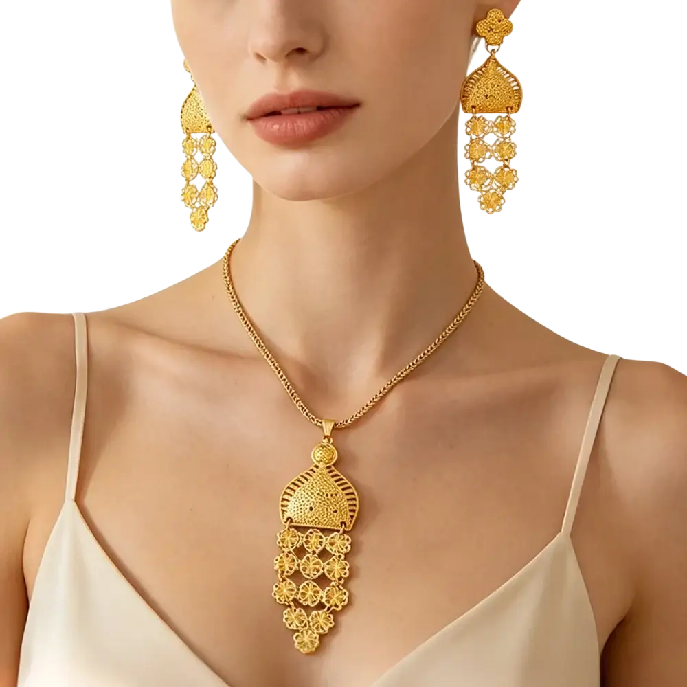 Gold filigree pendant necklace with intricate floral and geometric patterns on delicate chain for dubai wedding bridal set