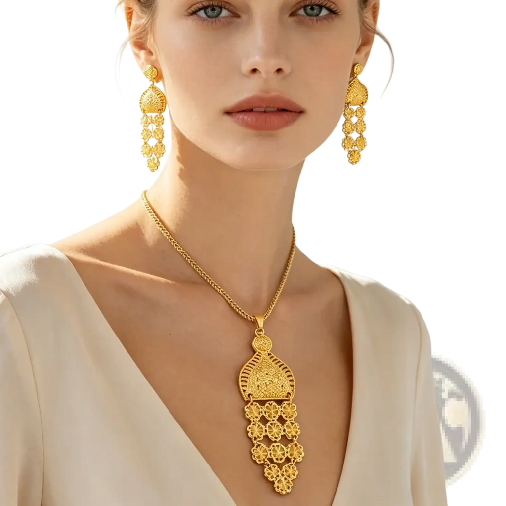 Elegant gold filigree pendant necklace with intricate tassel design and floral motifs for Dubai wedding bridal jewelry set