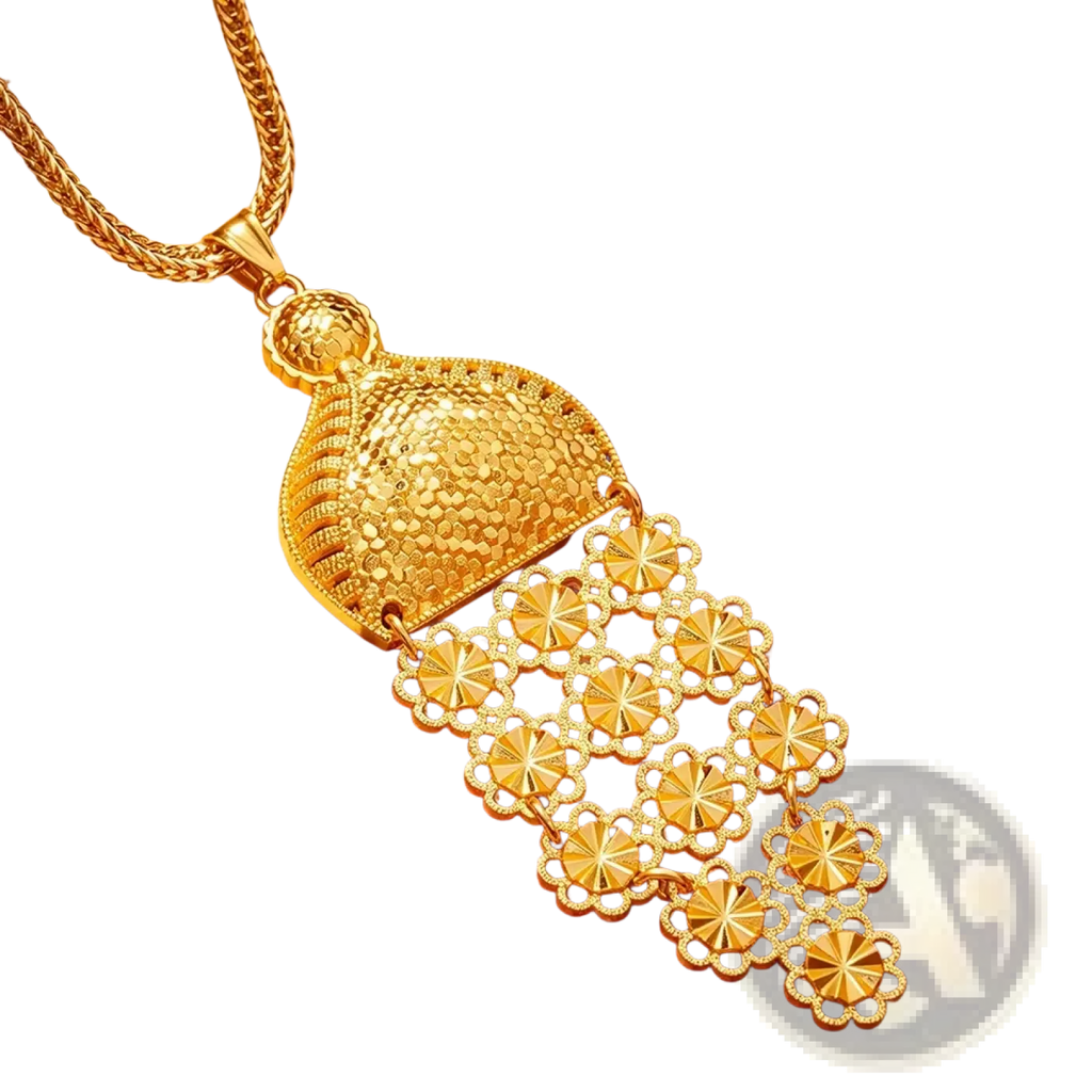 Gold filigree tassel gold pendant necklace with intricate floral charms and textured half-moon top for dubai bridal weddings