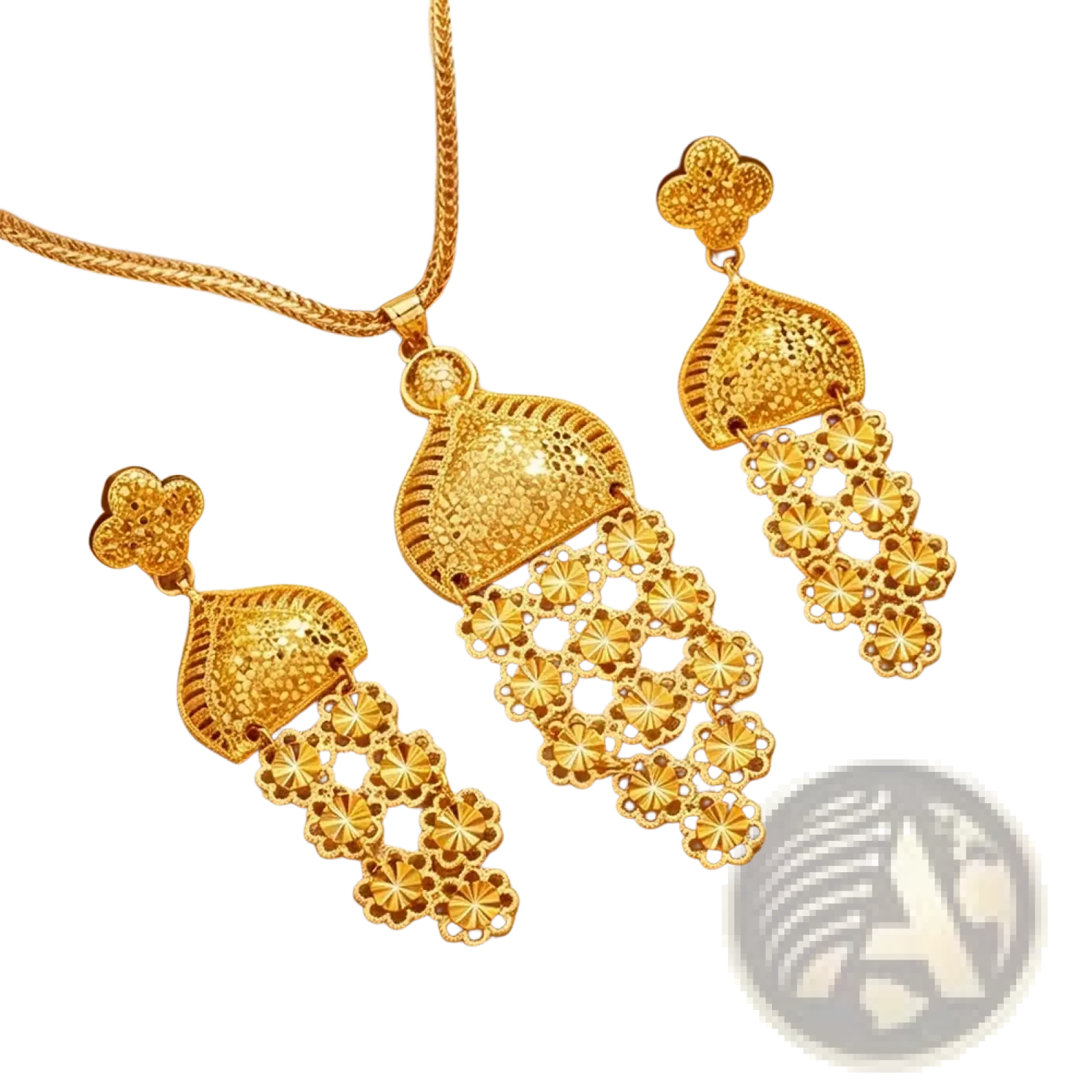 Gold filigree tassel jewelry set with golden floral pendant necklace and matching earrings for dubai wedding bridal wear