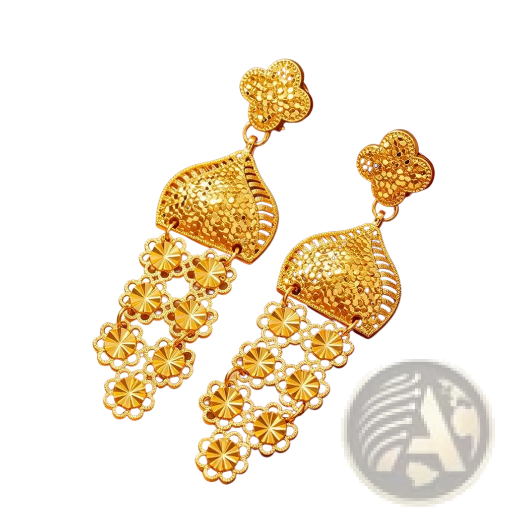 Gold floral chandelier earrings with intricate filigree detailing and cascading petal-shaped charms for dubai wedding bridal use