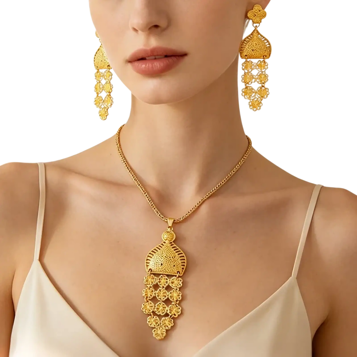 Gold filigree pendant necklace with intricate floral and geometric patterns on delicate chain for dubai wedding bridal set