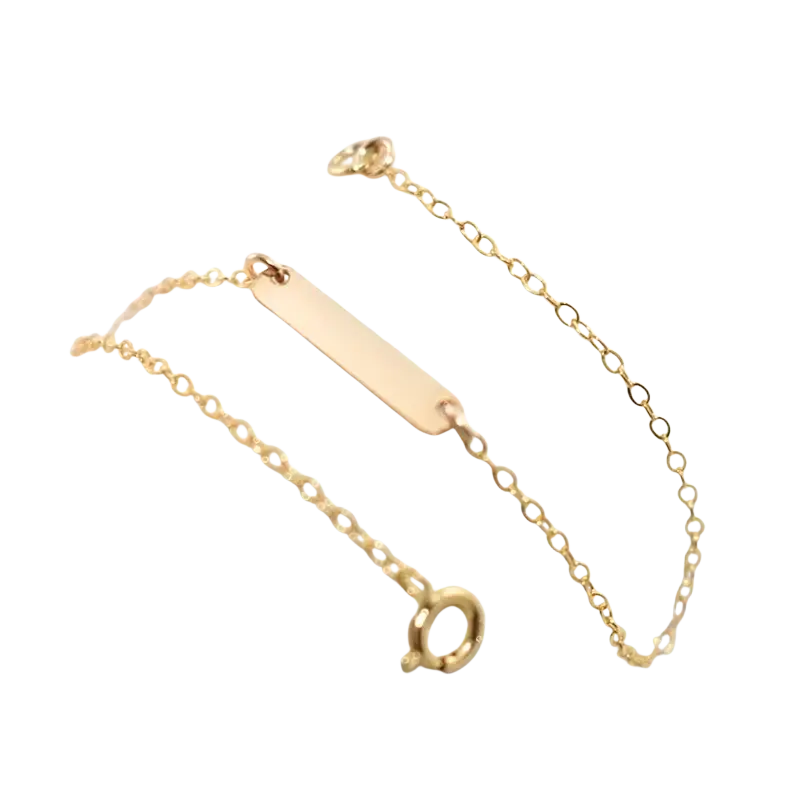 Gold filled gold toned minimalist bar charm bracelet with sleek rectangular nameplate and tarnish resistant design