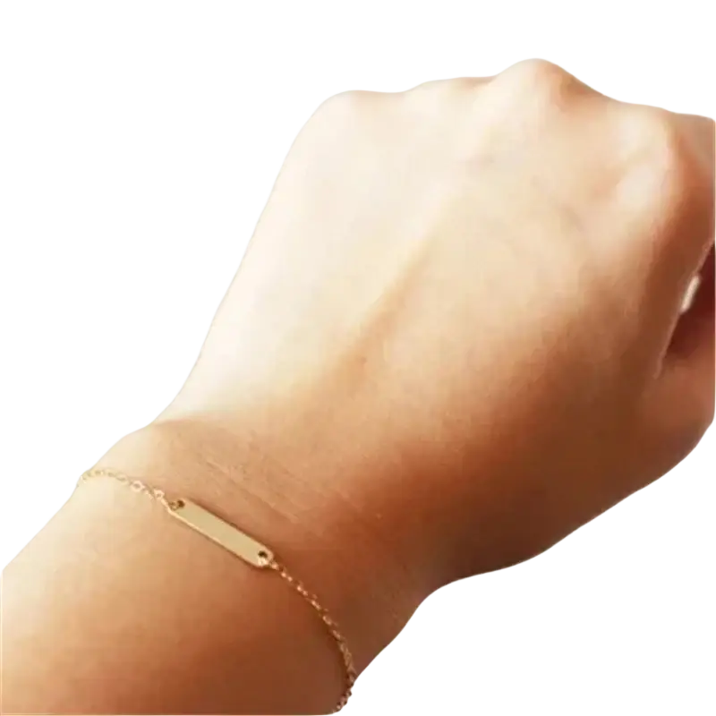 Gold filled gold toned rectangular nameplate bracelet with delicate chain mechanically bonded and tarnish resistant