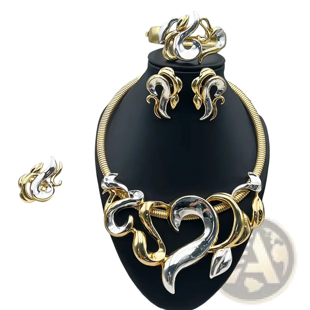 Gold and silver flame jewelry set for women featuring intricate swirling metalwork for wedding parties
