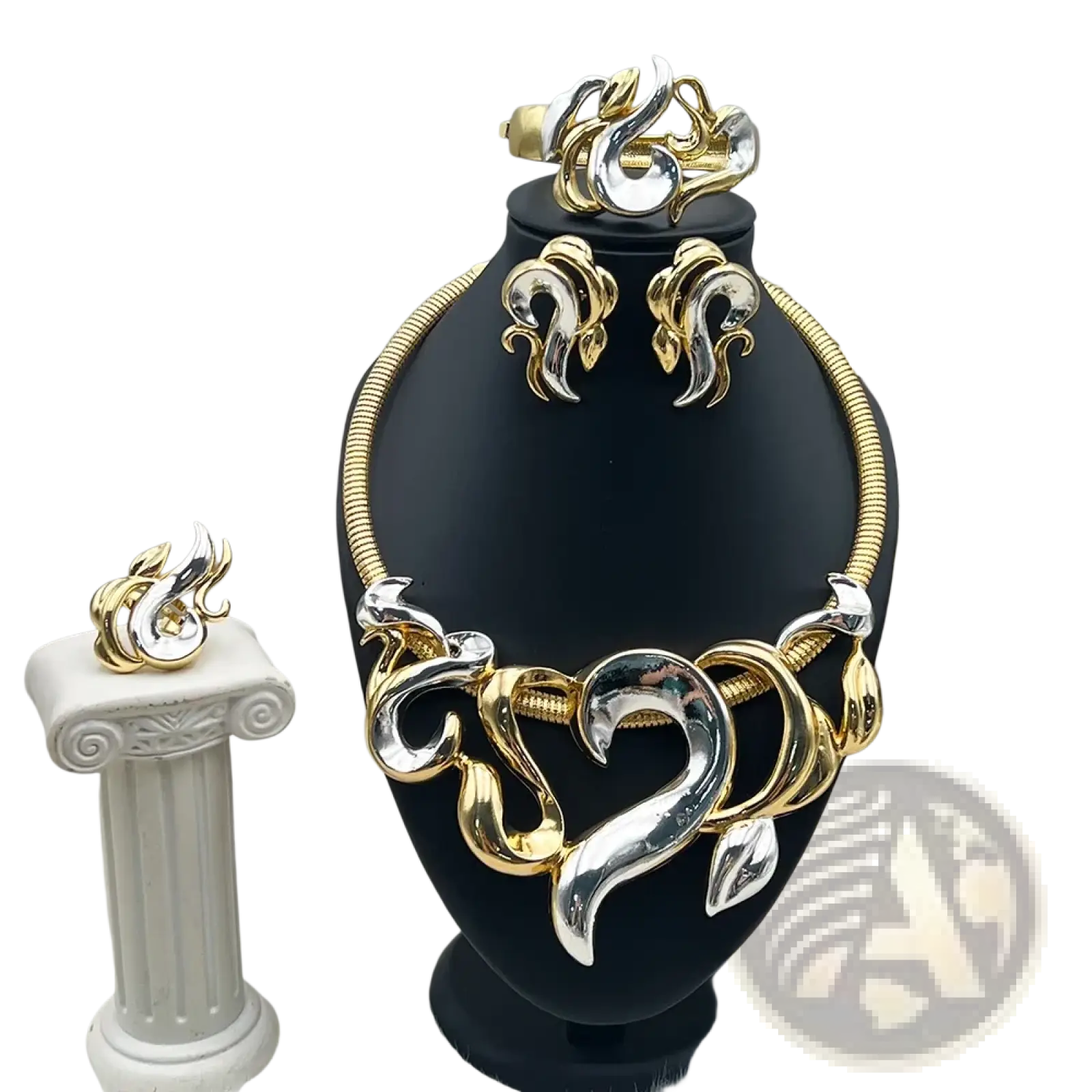 Gold and silver two-tone flame designed jewelry set with intricate swirling patterns on a black display stand for women wedding party