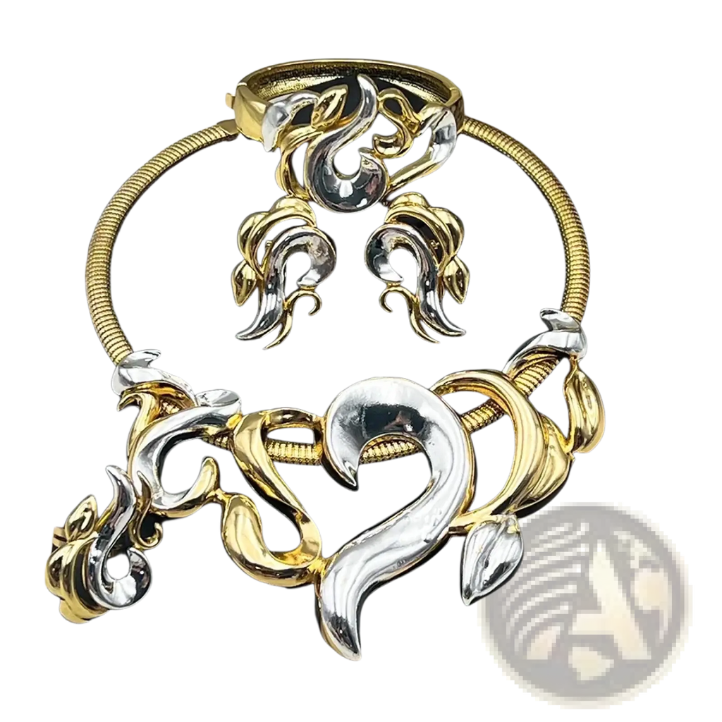 Gold flame jewelry set for women wedding party featuring gold and silver two-tone ornate swirling leaf designs on snake chain