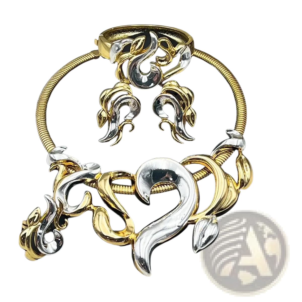 Gold flame jewelry set for women wedding party featuring gold and silver two-tone ornate swirling leaf designs on snake chain