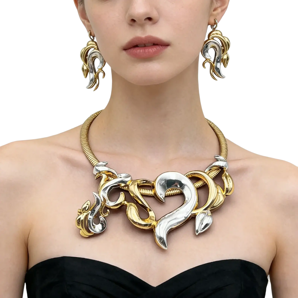 Statement necklace from gold flame jewelry set for women featuring intricate flowing design in gold and silver tones for weddings