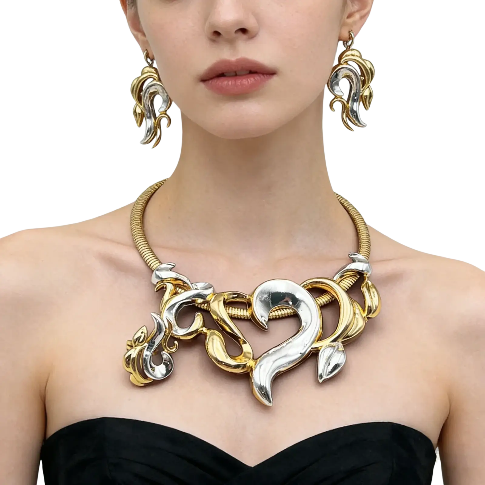 Statement necklace from gold flame jewelry set for women featuring intricate flowing design in gold and silver tones for weddings