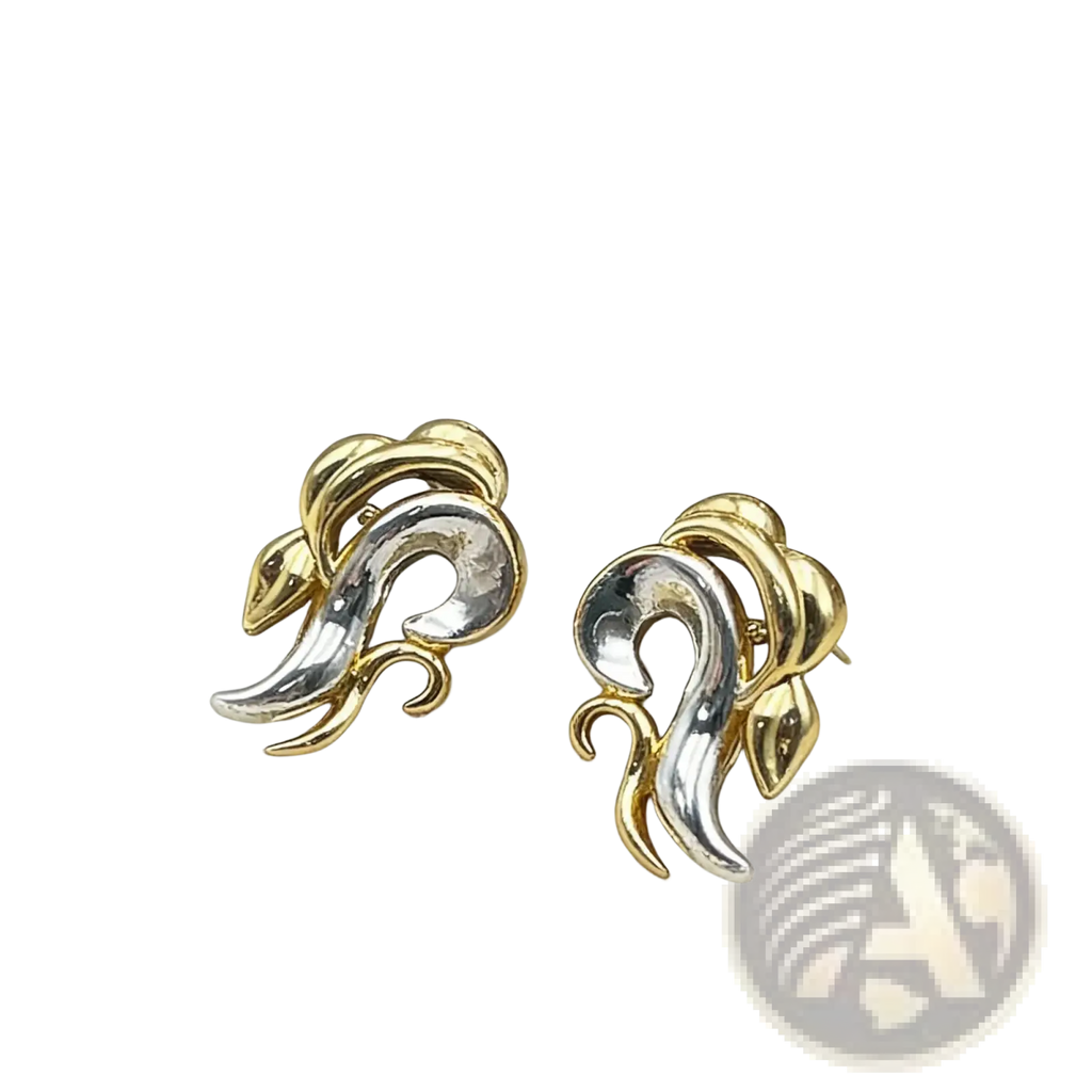 Two elegant two-tone gold and silver snake-shaped stud earrings from the Gold Flame jewelry set for women wedding party