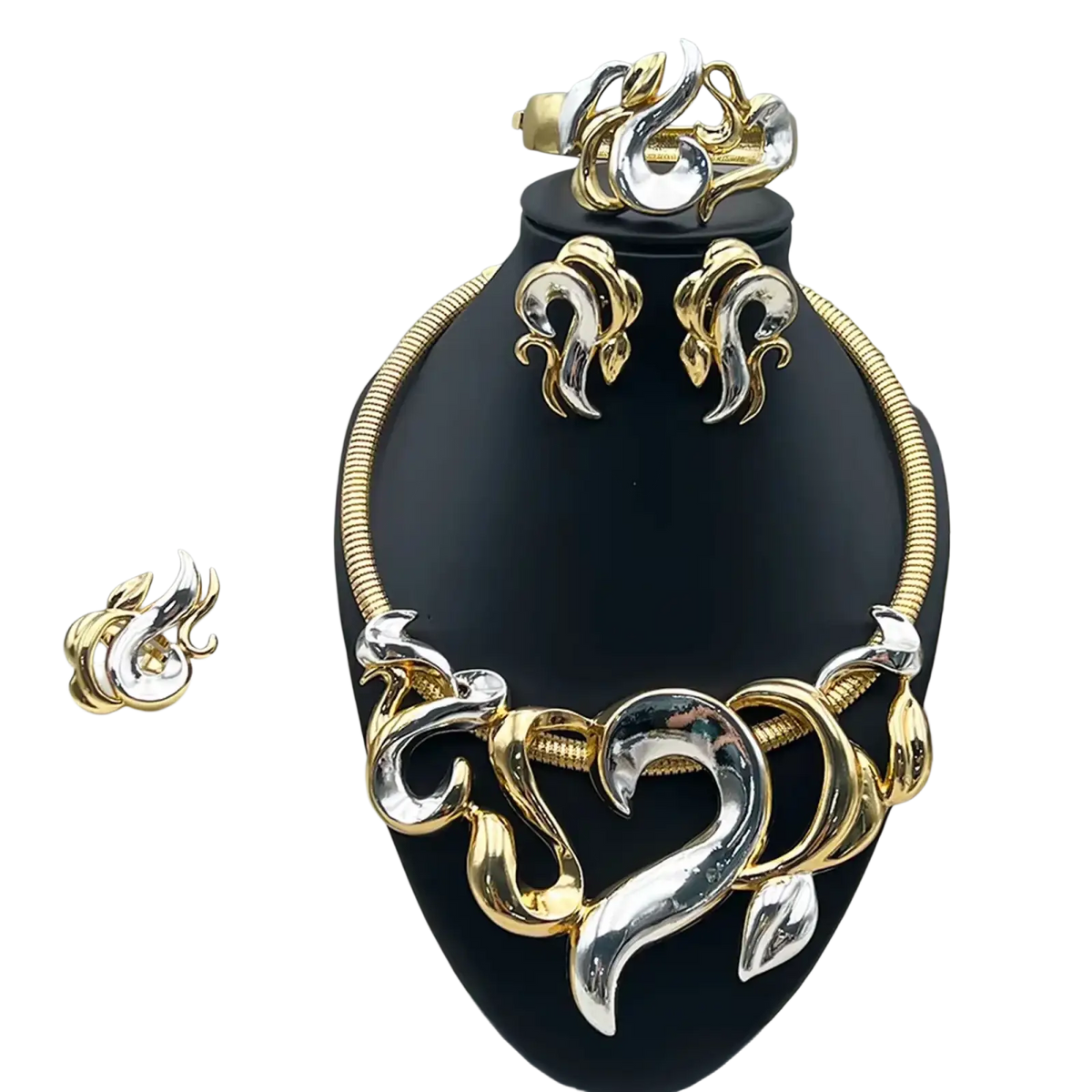 Gold and silver flame jewelry set for women featuring intricate swirling metalwork for wedding parties