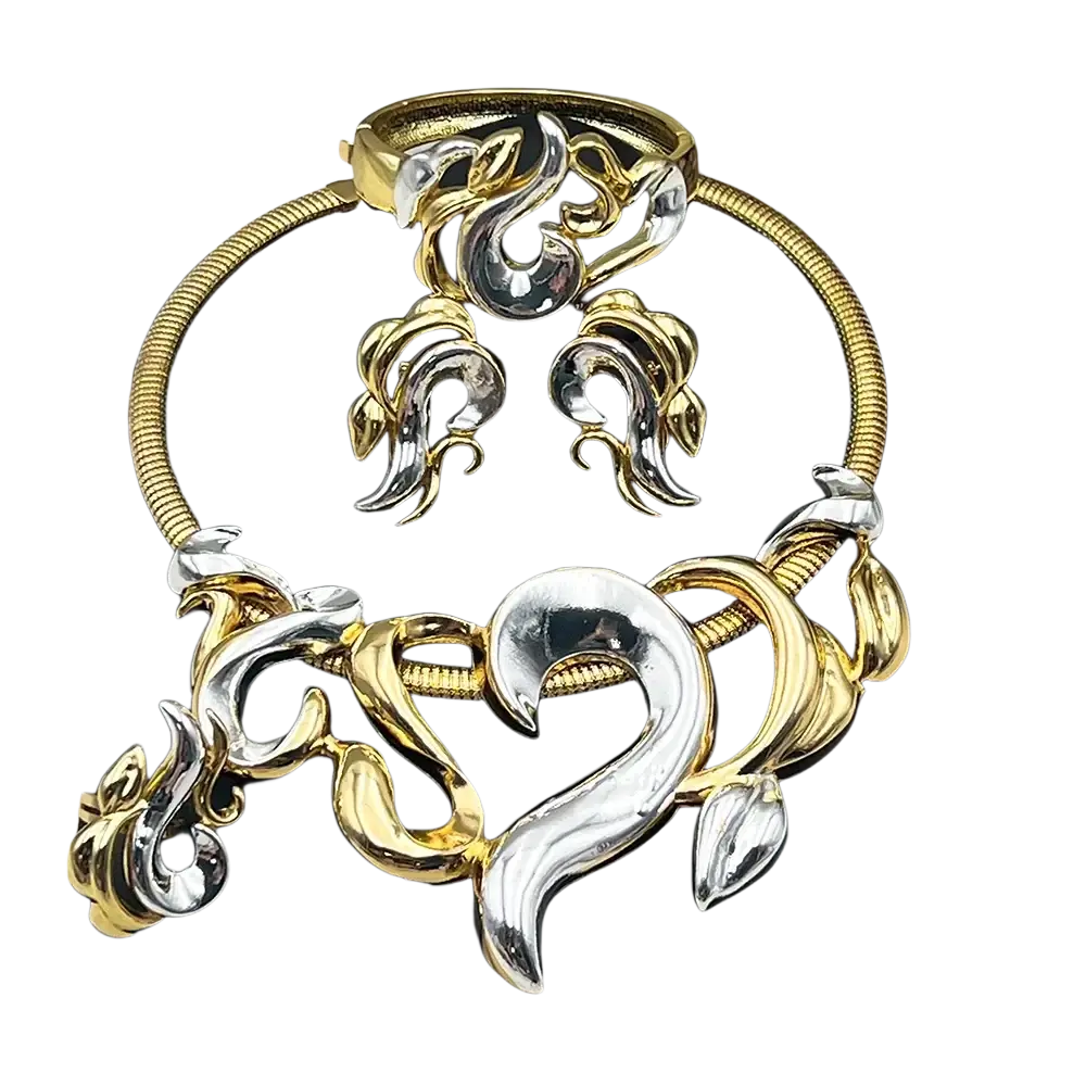 Gold flame jewelry set for women wedding party featuring gold and silver two-tone ornate swirling leaf designs on snake chain