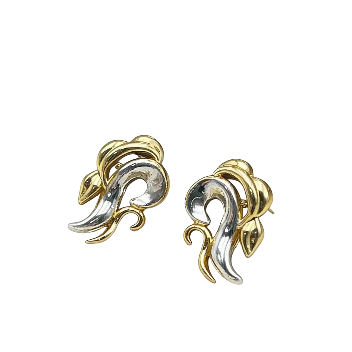 Two elegant two-tone gold and silver snake-shaped stud earrings from the Gold Flame jewelry set for women wedding party