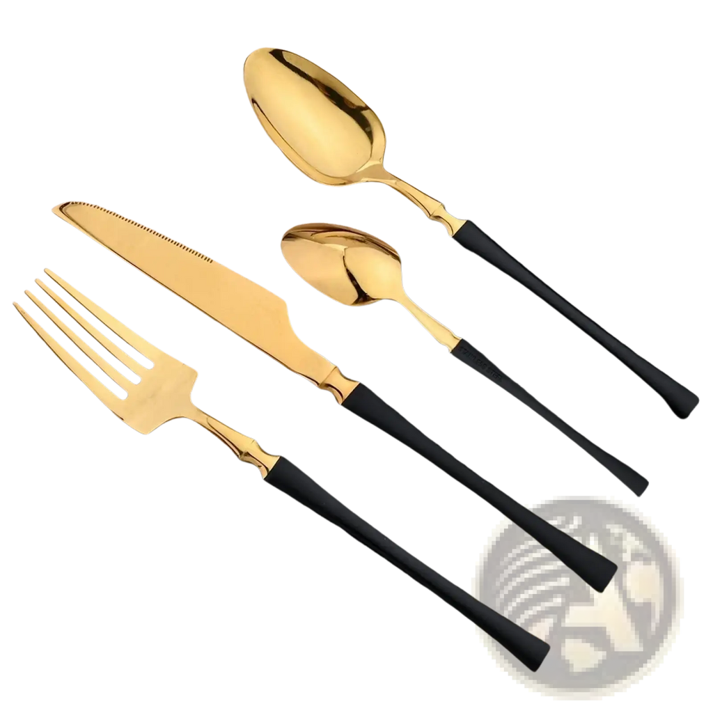 Gold and black two-tone stainless steel cutlery set with sleek modern design 16pcs flatware for elegant dining