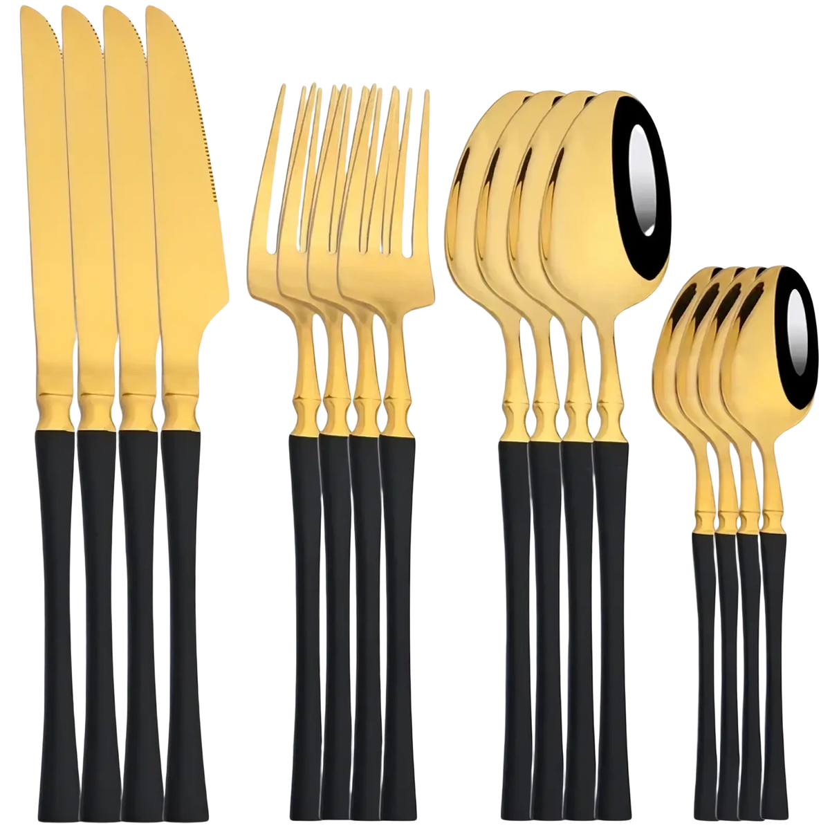 Gold flatware set 16pcs with gold-finished stainless steel and black matte handles for elegant dining use