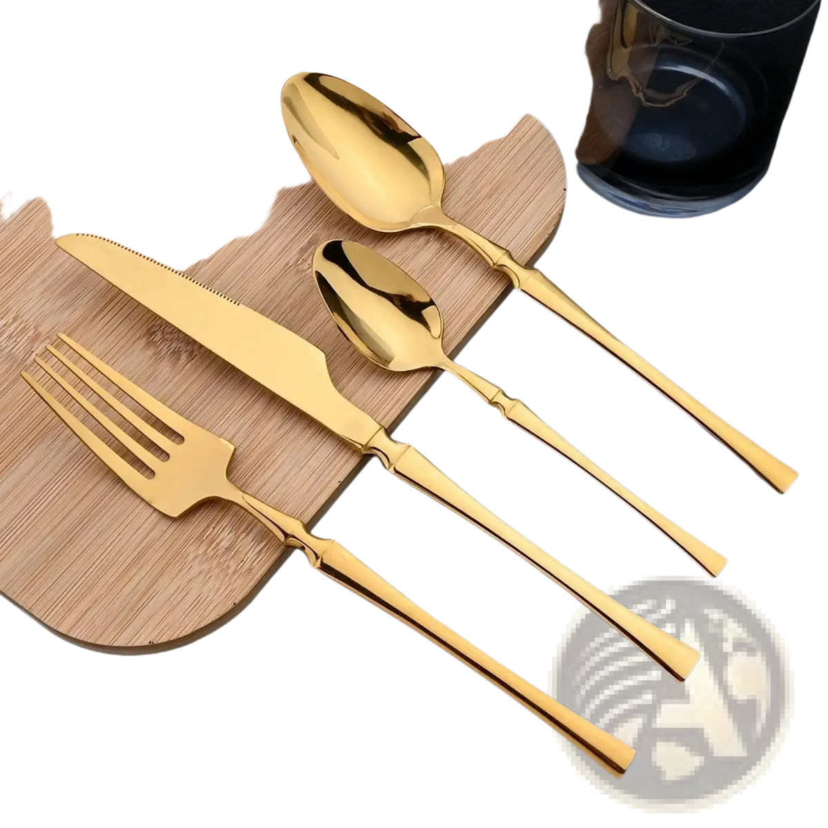 Gold flatware set stainless steel cutlery 16pcs with sleek modern handles and polished golden surfaces