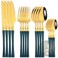 Gold flatware set 16pcs stainless steel cutlery with gold finish and dark teal handles for elegant dining use