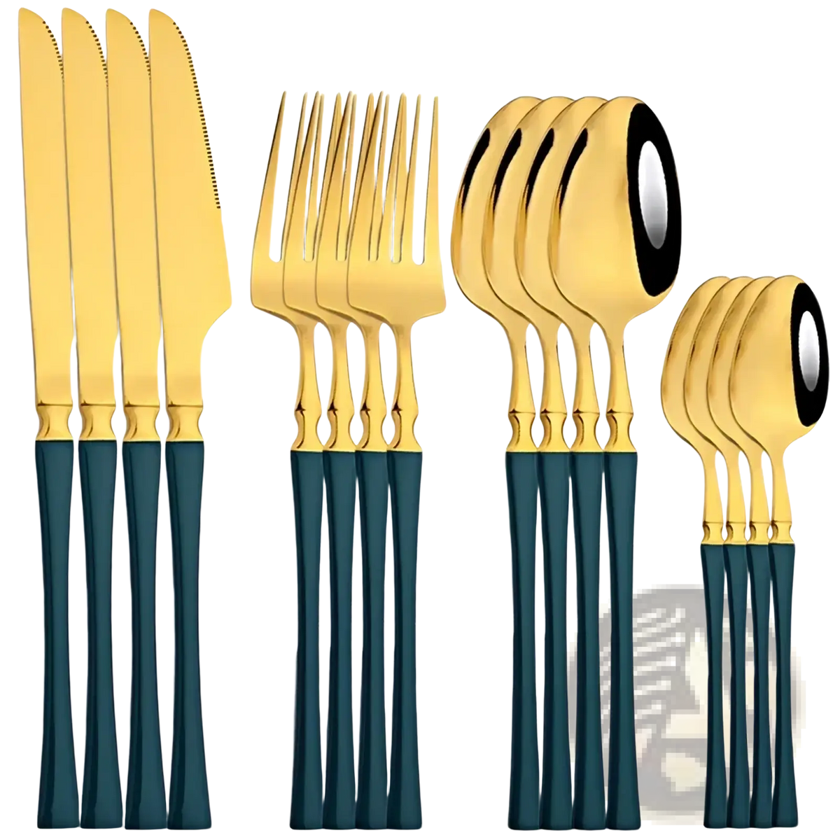 Gold flatware set 16pcs stainless steel cutlery with gold finish and dark teal handles for elegant dining use