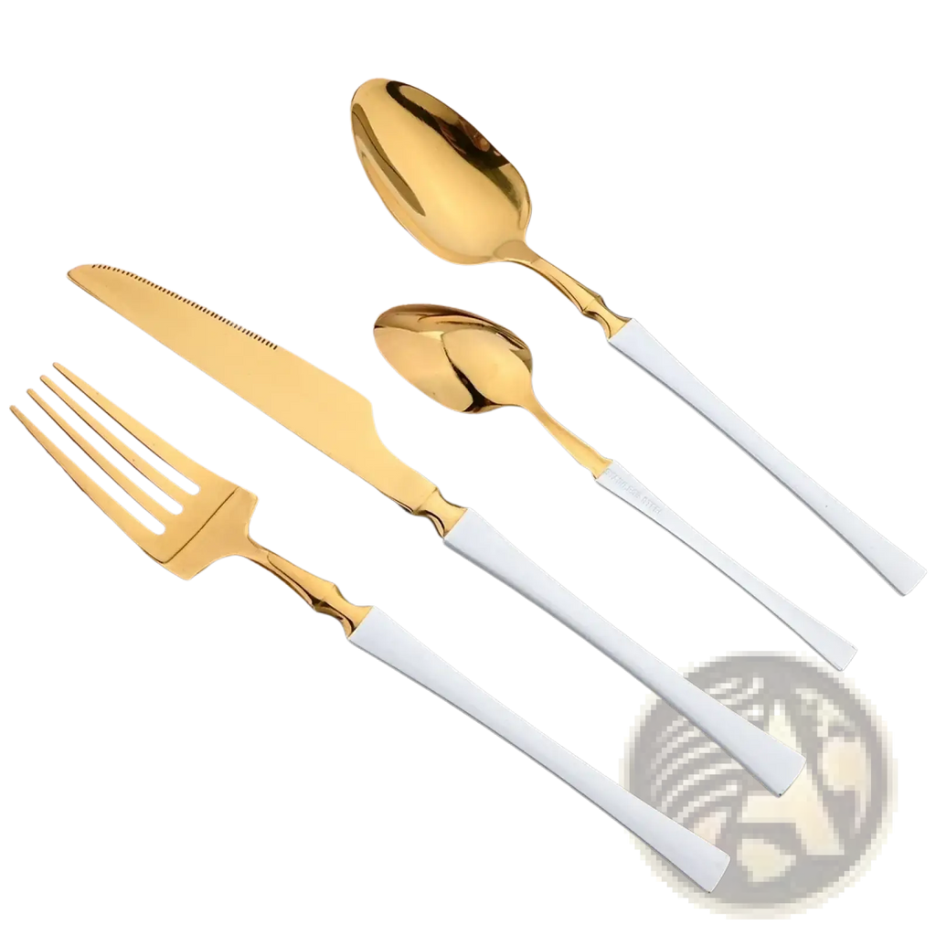Gold flatware set stainless steel cutlery 16pcs featuring a gold and white two-tone sleek modern design