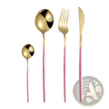 Gold flatware set stainless steel with pink two-tone cutlery featuring sleek modern design and reflective metallic heads
