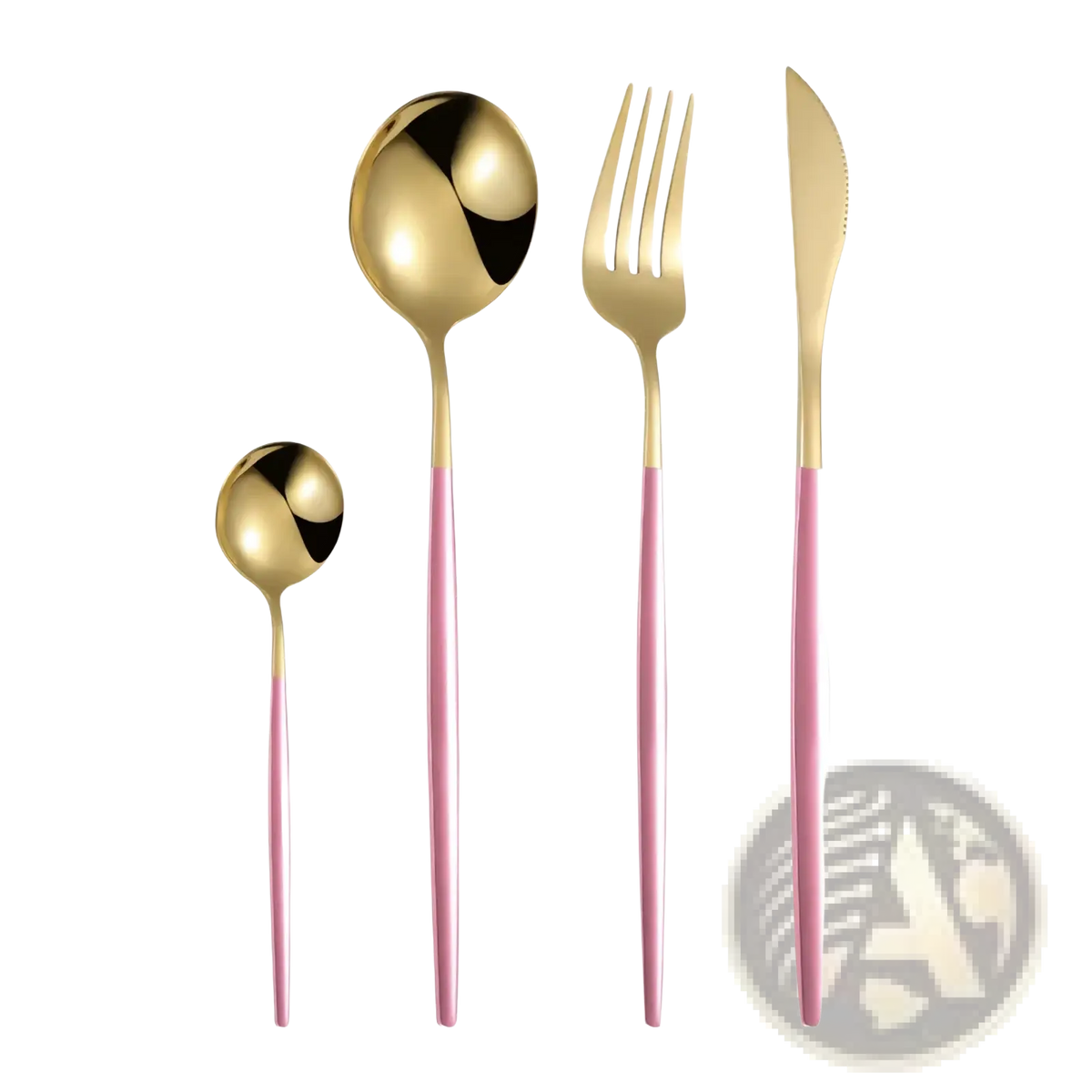 Gold flatware set stainless steel with pink two-tone cutlery featuring sleek modern design and reflective metallic heads