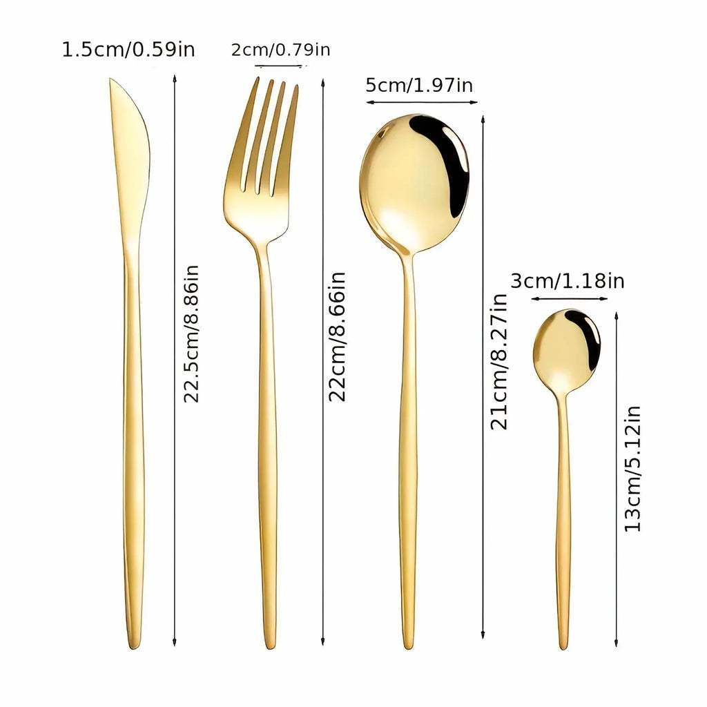 Gold flatware set stainless steel featuring sleek modern cutlery in gold with knife fork large and small spoon minimalist design