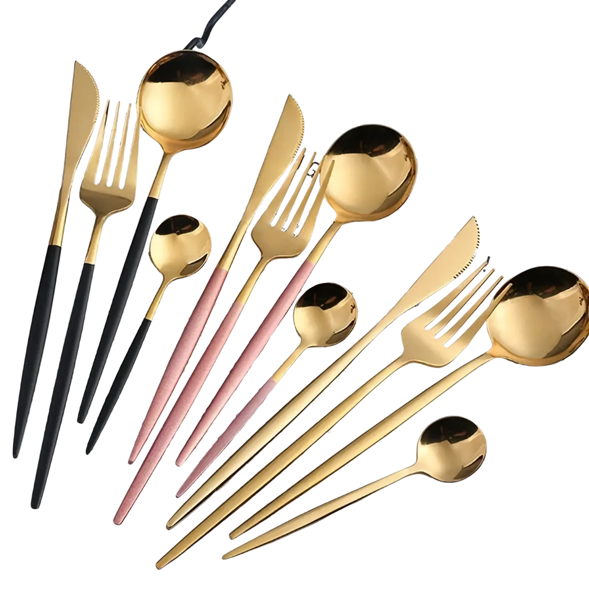 Set of gold flatware stainless steel cutlery with gold heads and black pink or rose-gold handles