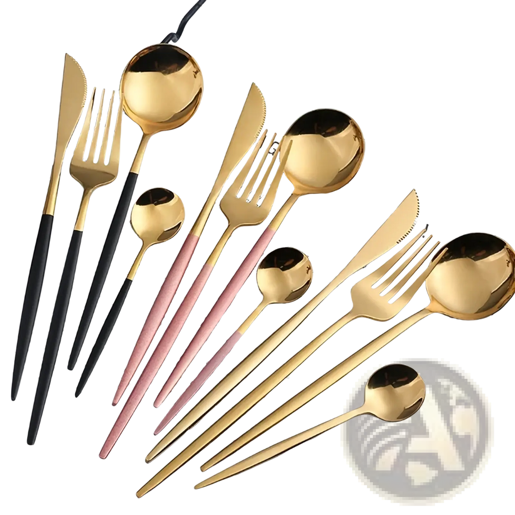 Set of gold flatware stainless steel cutlery with gold heads and black pink or rose-gold handles