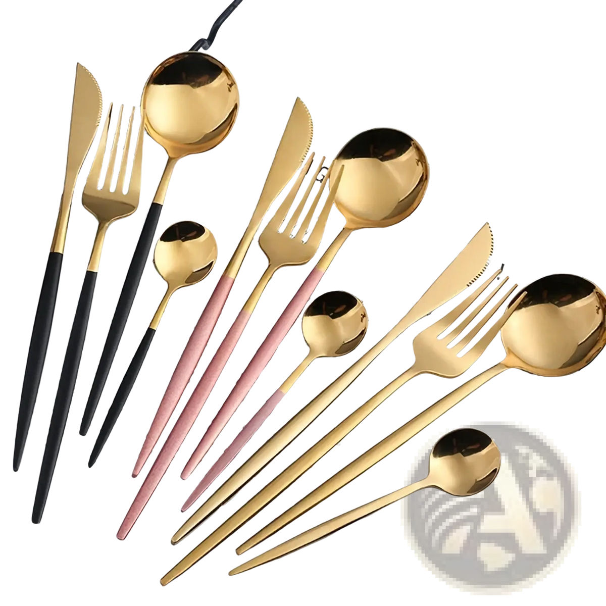 Set of gold flatware stainless steel cutlery with gold heads and black pink or rose-gold handles
