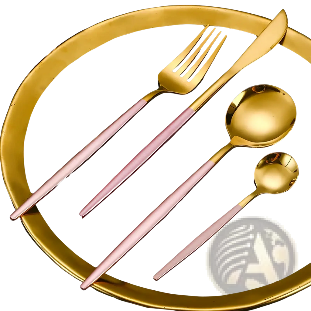 Gold flatware set stainless steel pink cutlery with two-tone gold and rose gold modern sleek design