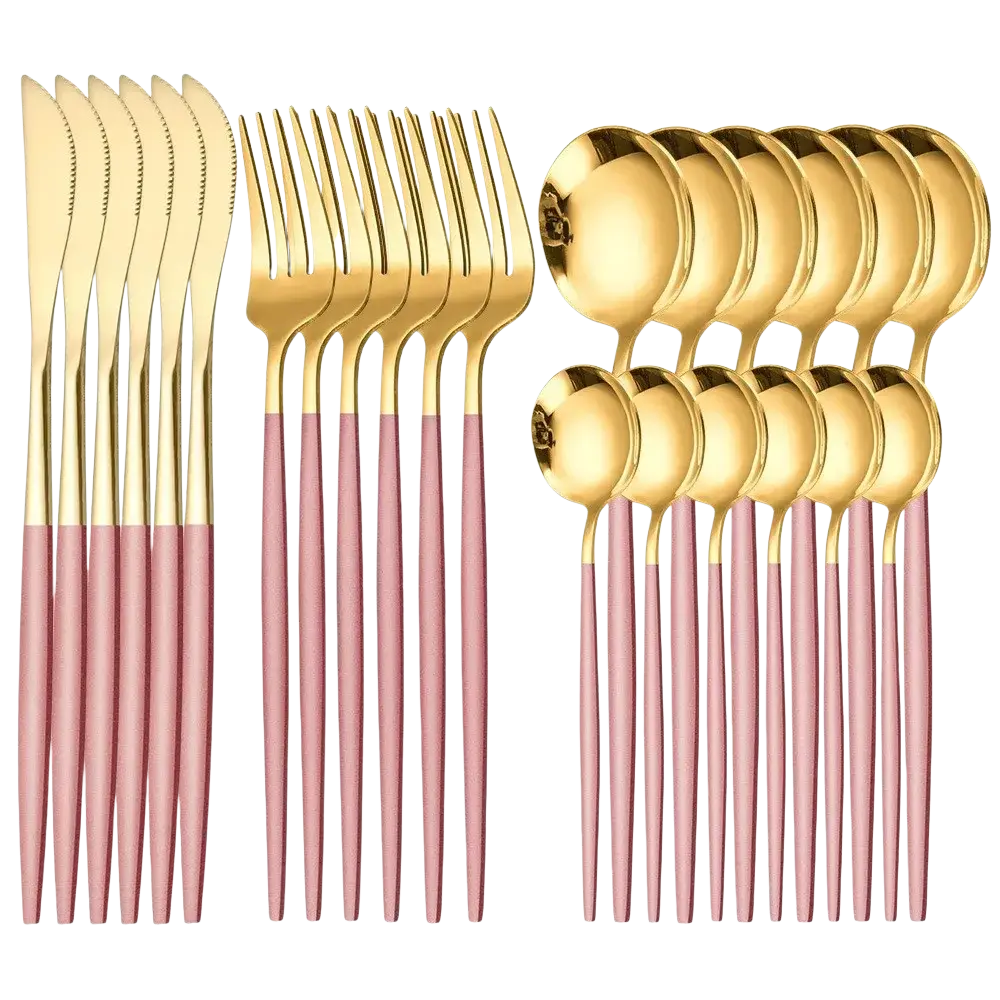 Gold and rose gold two-tone stainless steel flatware set with sleek modern design for elegant dining