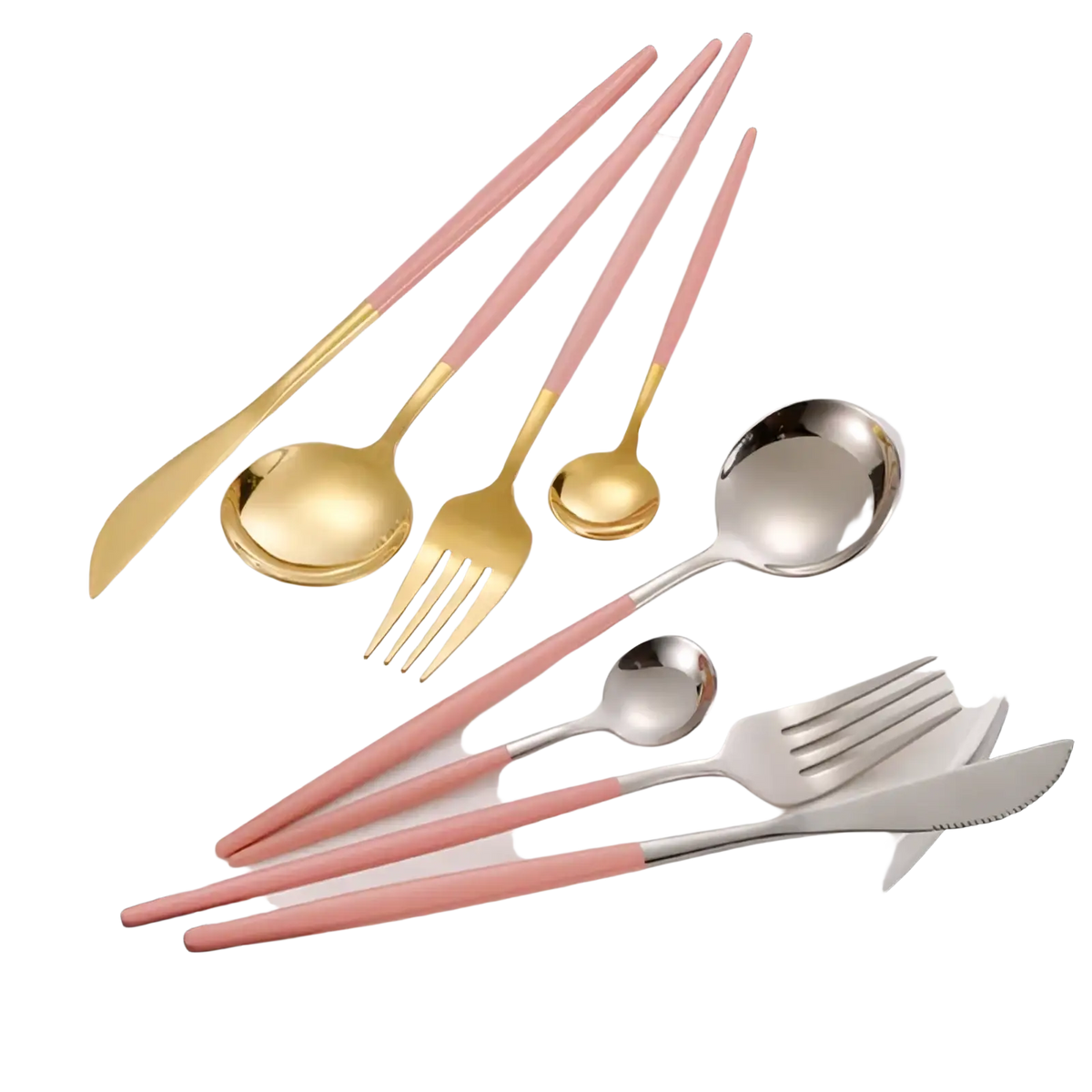 Set of stainless steel gold flatware with pink sleek modern handles arranged on a white plate