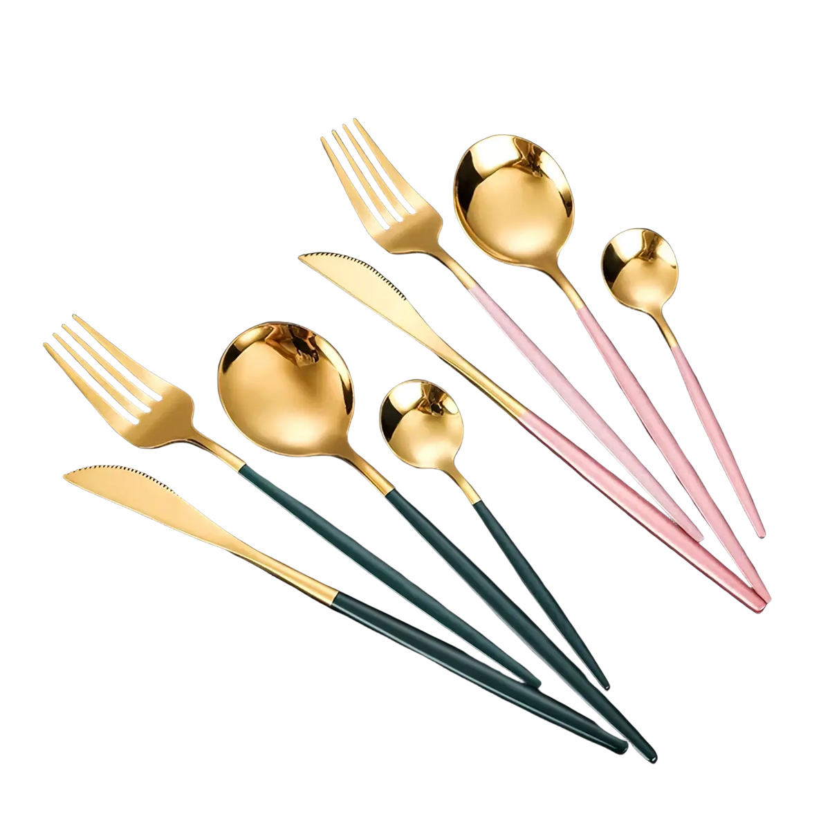 Gold flatware set stainless steel with gold-toned cutlery and sleek two-tone pink and teal handles