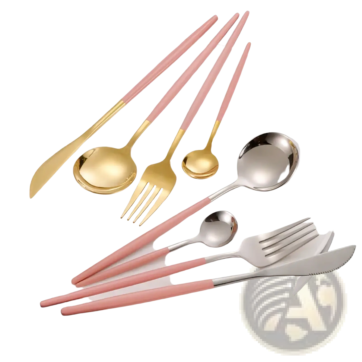Set of stainless steel gold flatware with pink sleek modern handles arranged on a white plate