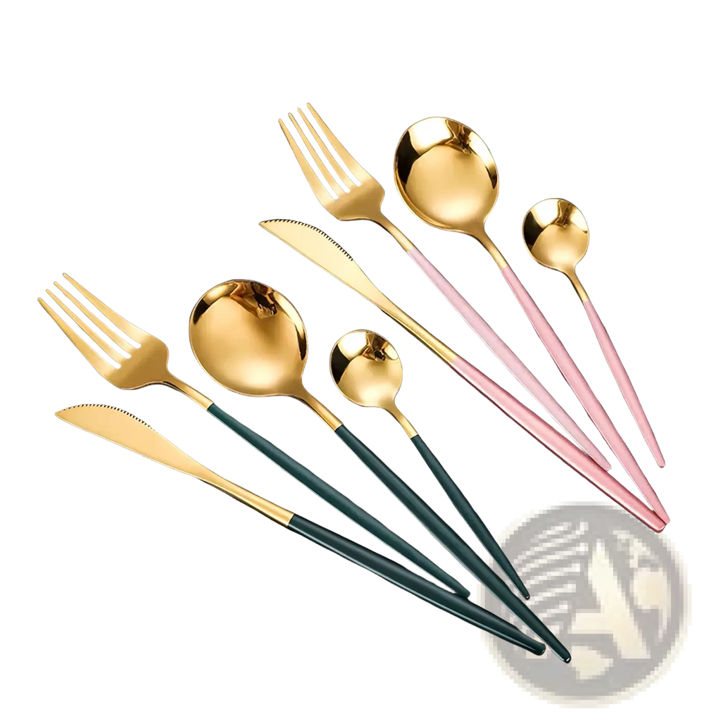 Gold flatware set stainless steel with gold-toned cutlery and sleek two-tone pink and teal handles
