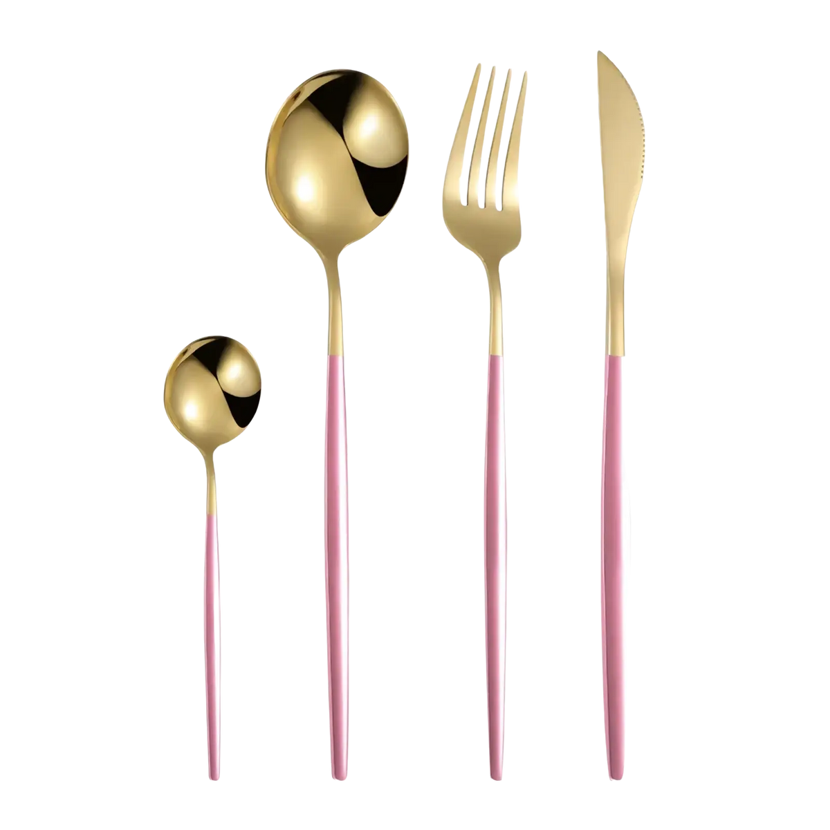Gold flatware set stainless steel with pink two-tone cutlery featuring sleek modern design and reflective metallic heads