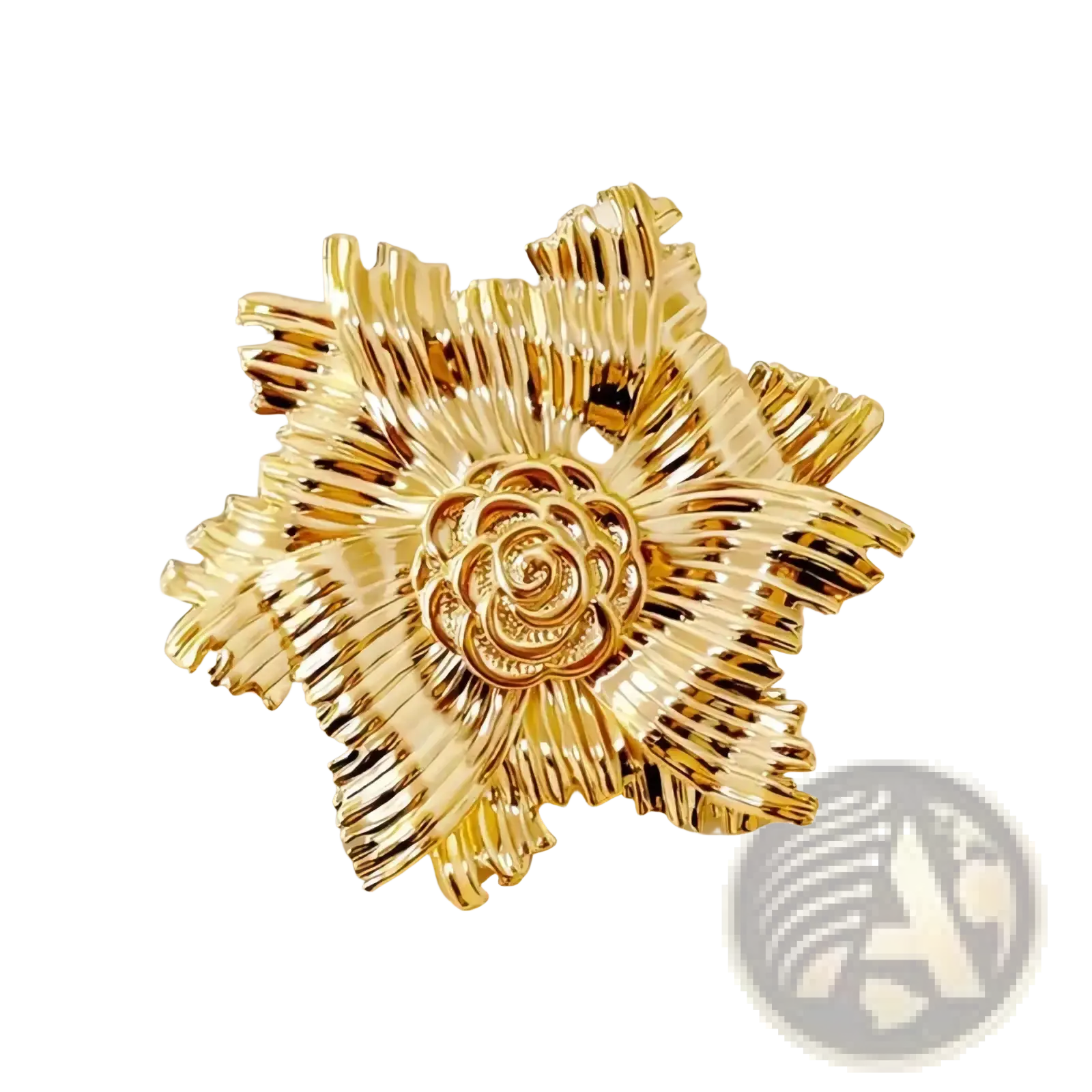 Gold flower brooch with pearl accent featuring intricate layered metallic petals and a detailed rose center
