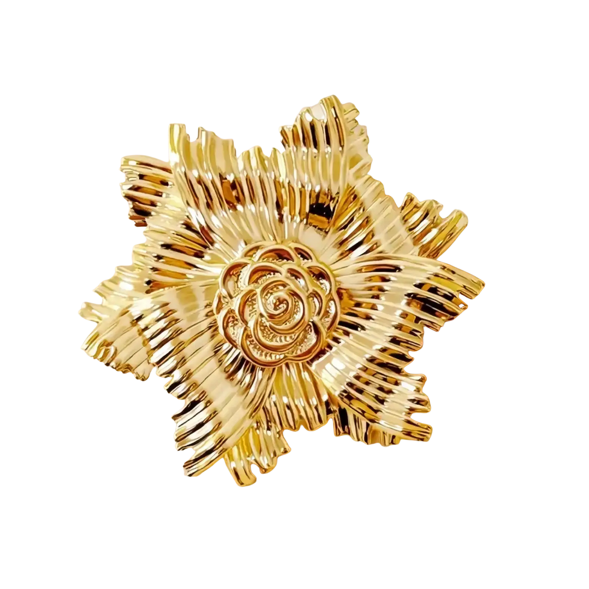 Gold flower brooch with pearl accent featuring intricate layered metallic petals and a detailed rose center