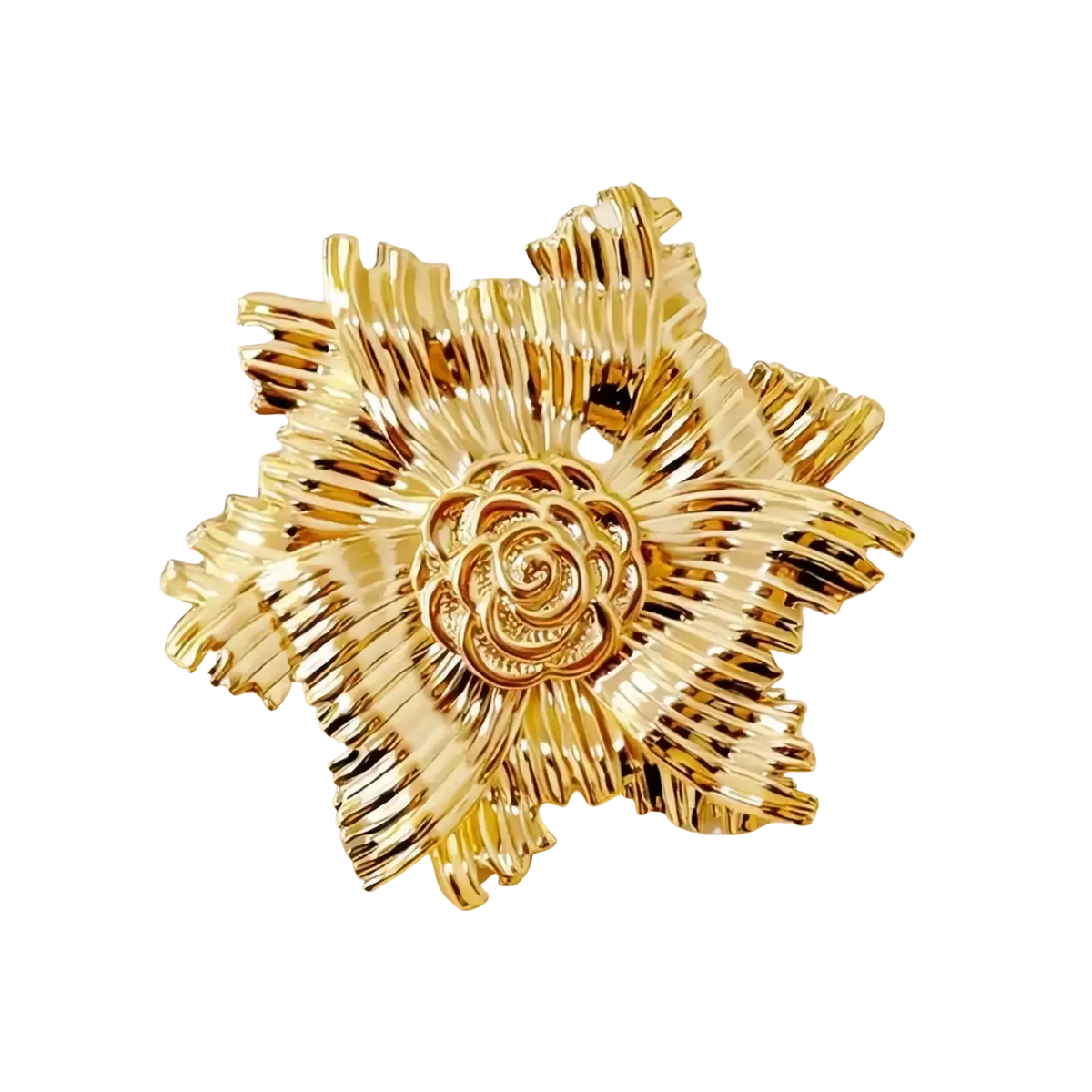 Gold flower brooch with pearl accent featuring intricate layered metallic petals and a detailed rose center
