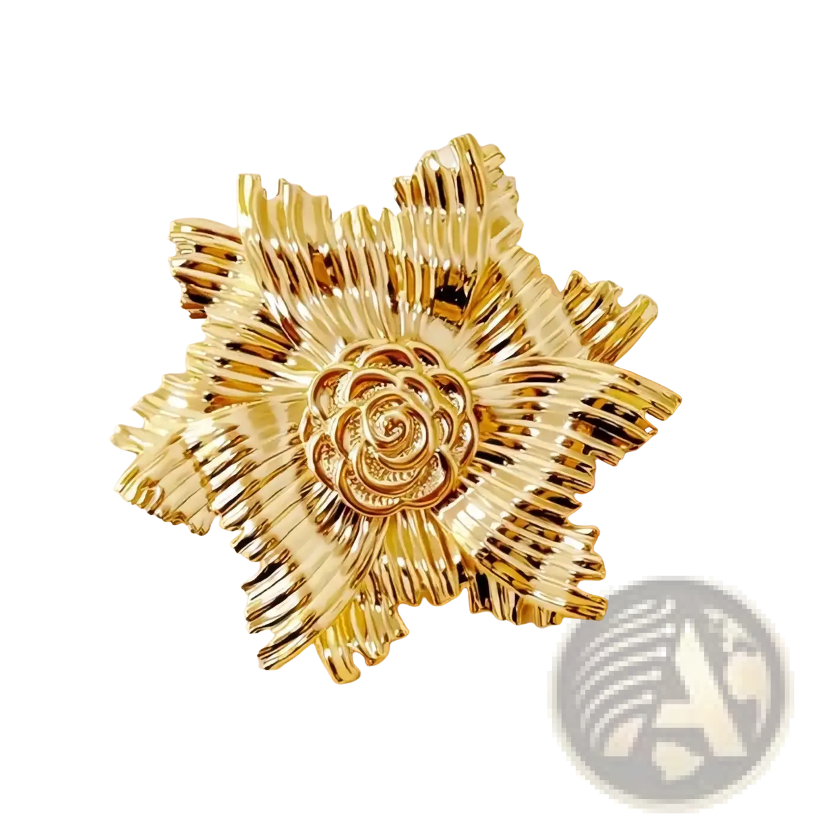 Gold flower brooch with pearl accent featuring intricate layered metallic petals and a detailed rose center