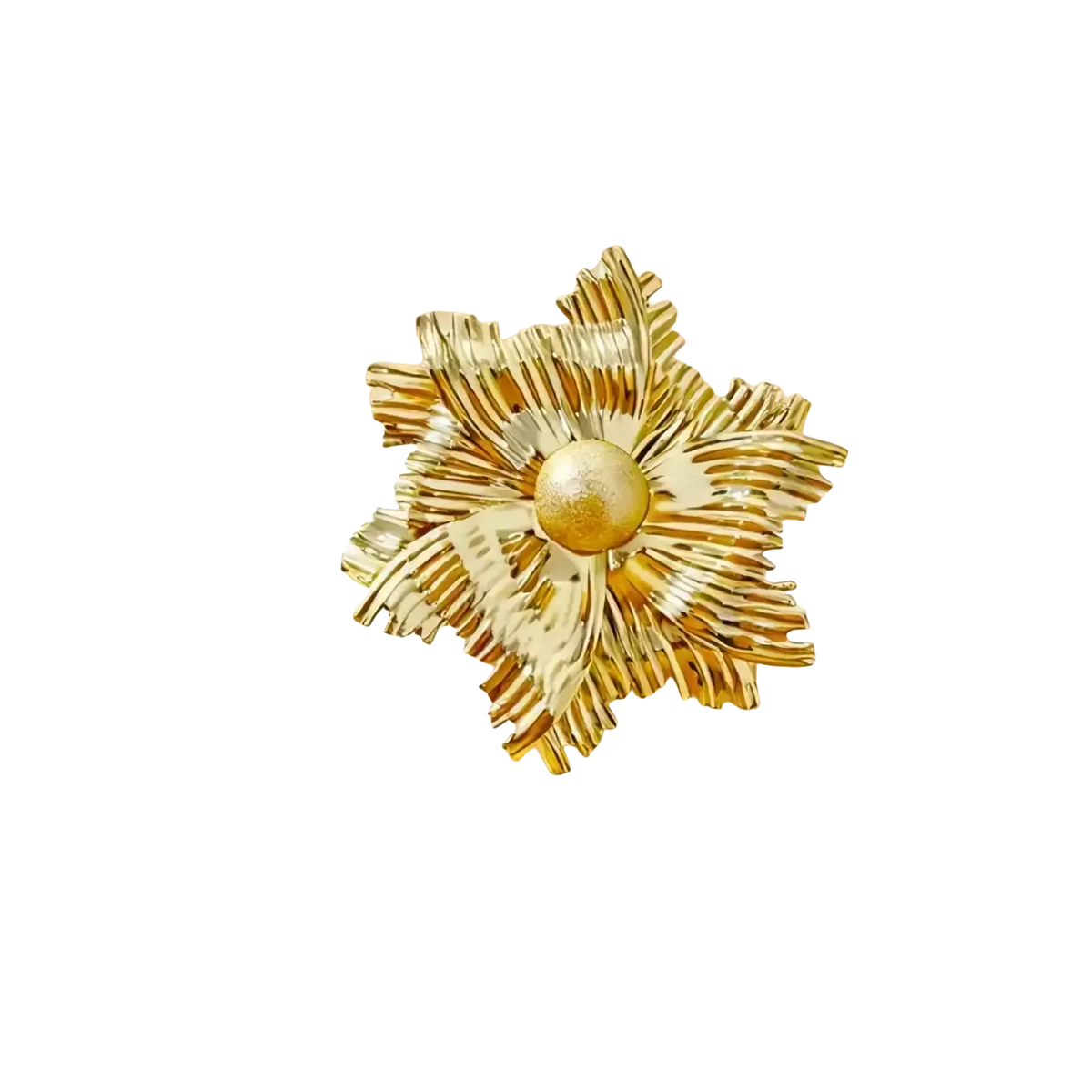 Gold flower brooch with radiating textured golden metallic star rays and a central pearl accent for elegant wear