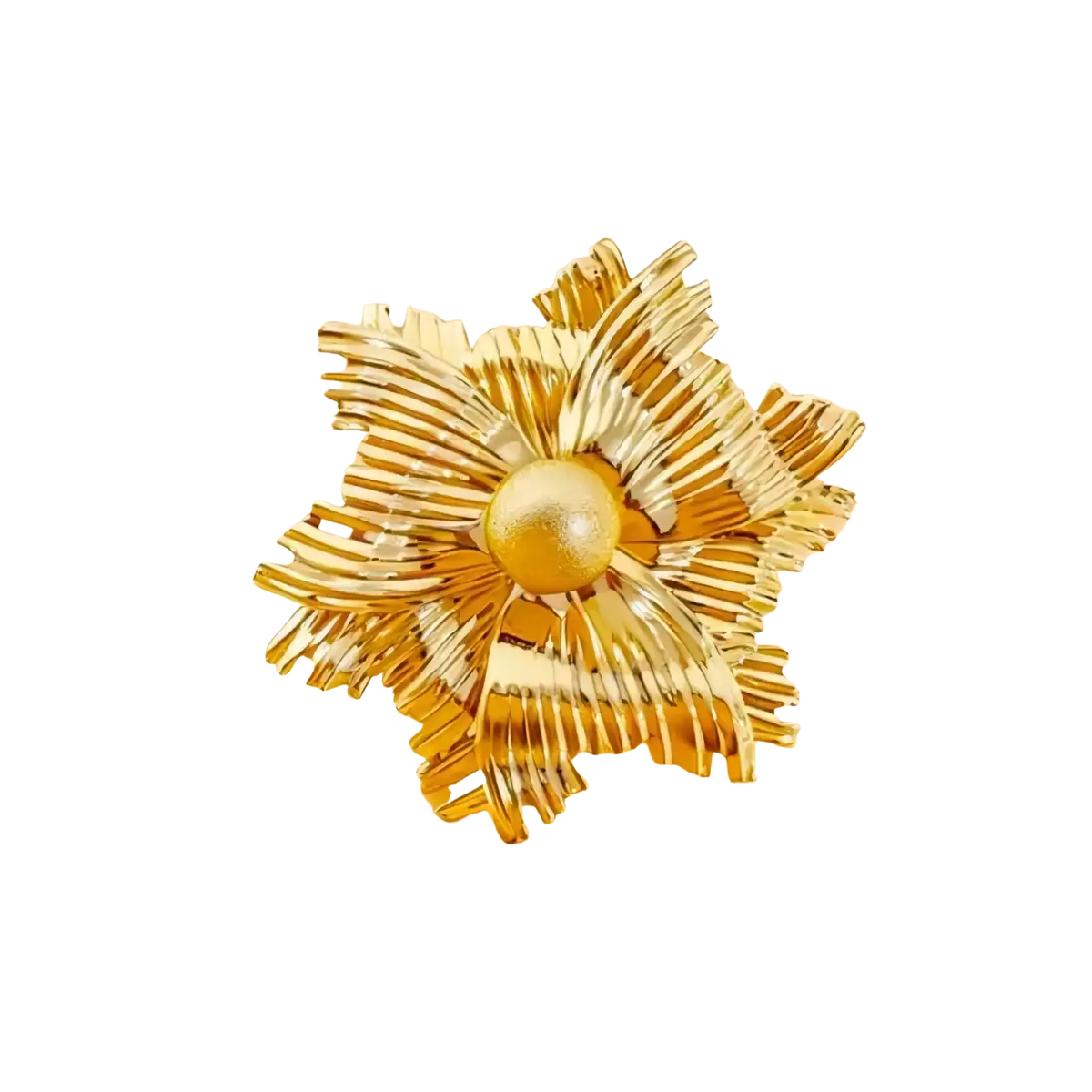 Gold flower brooch with pearl accent featuring golden star shape and radiating metallic petals design