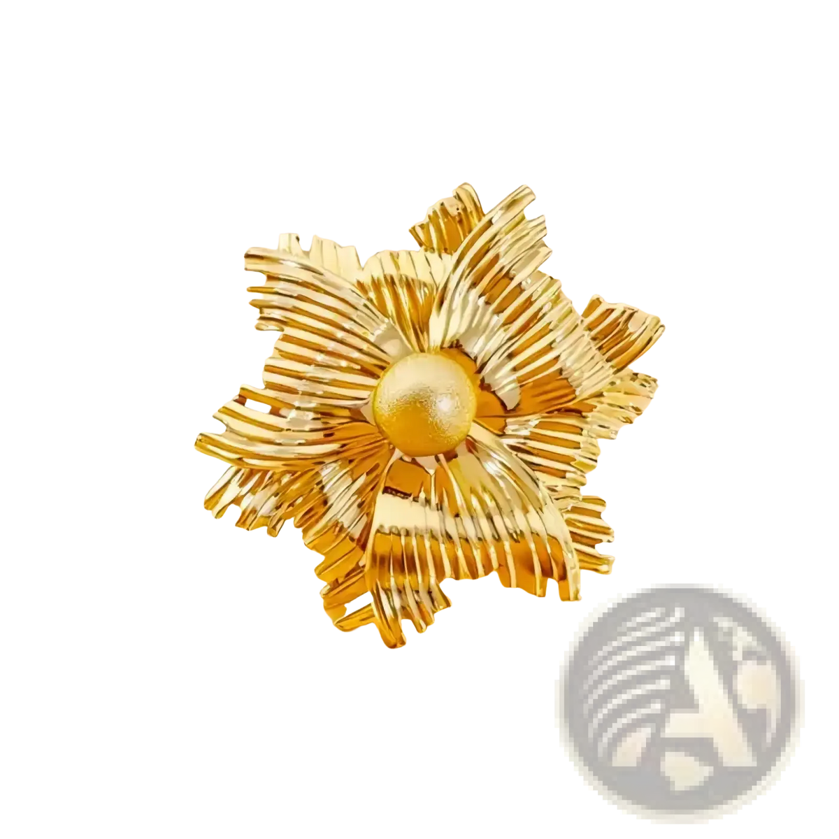 Gold flower brooch with pearl accent featuring golden star shape and radiating metallic petals design