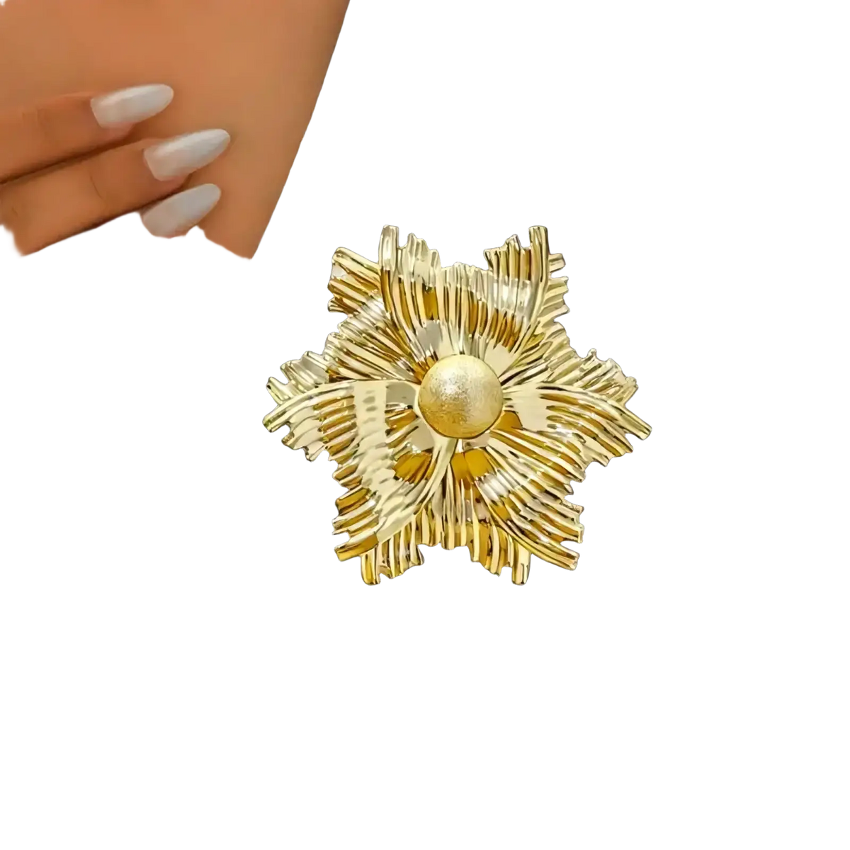 Gold flower brooch with pearl accent featuring gold-toned metallic textured petals radiating from the center